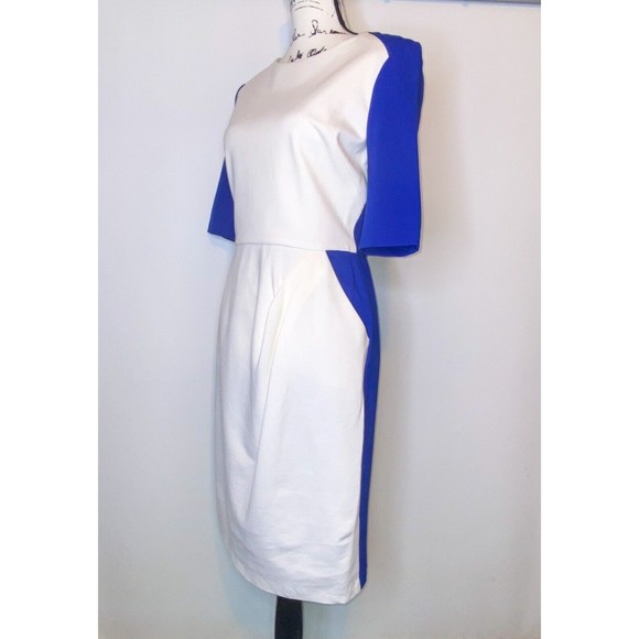 Suzi Chin Bodycon Sheath Dress Size 8 Blue White Color Block Pockets Maggy - Picture 1 of 6